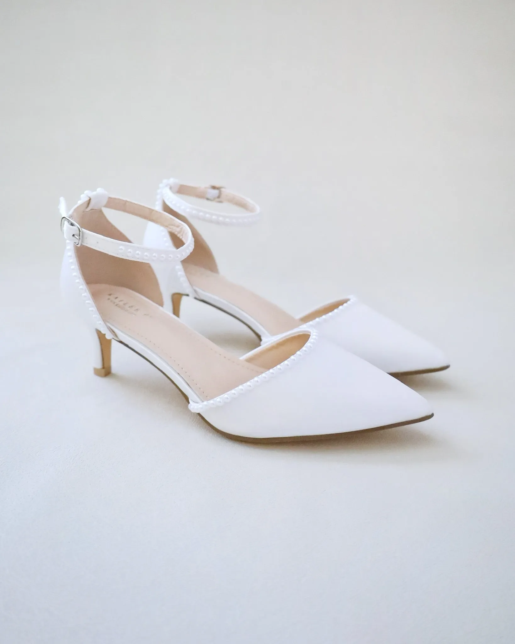 Satin Pointy Toe Low Heels with Mini Pearls