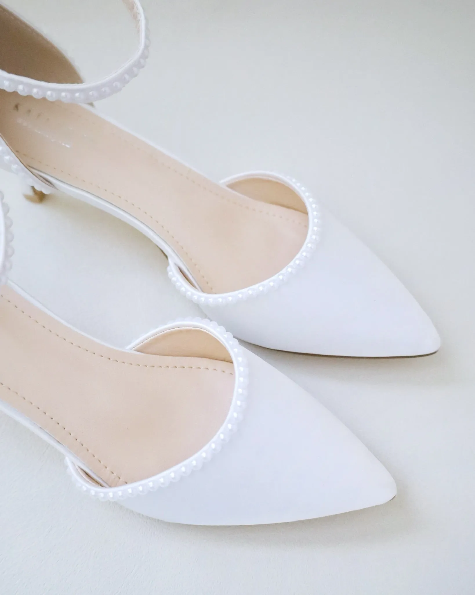 Satin Pointy Toe Low Heels with Mini Pearls