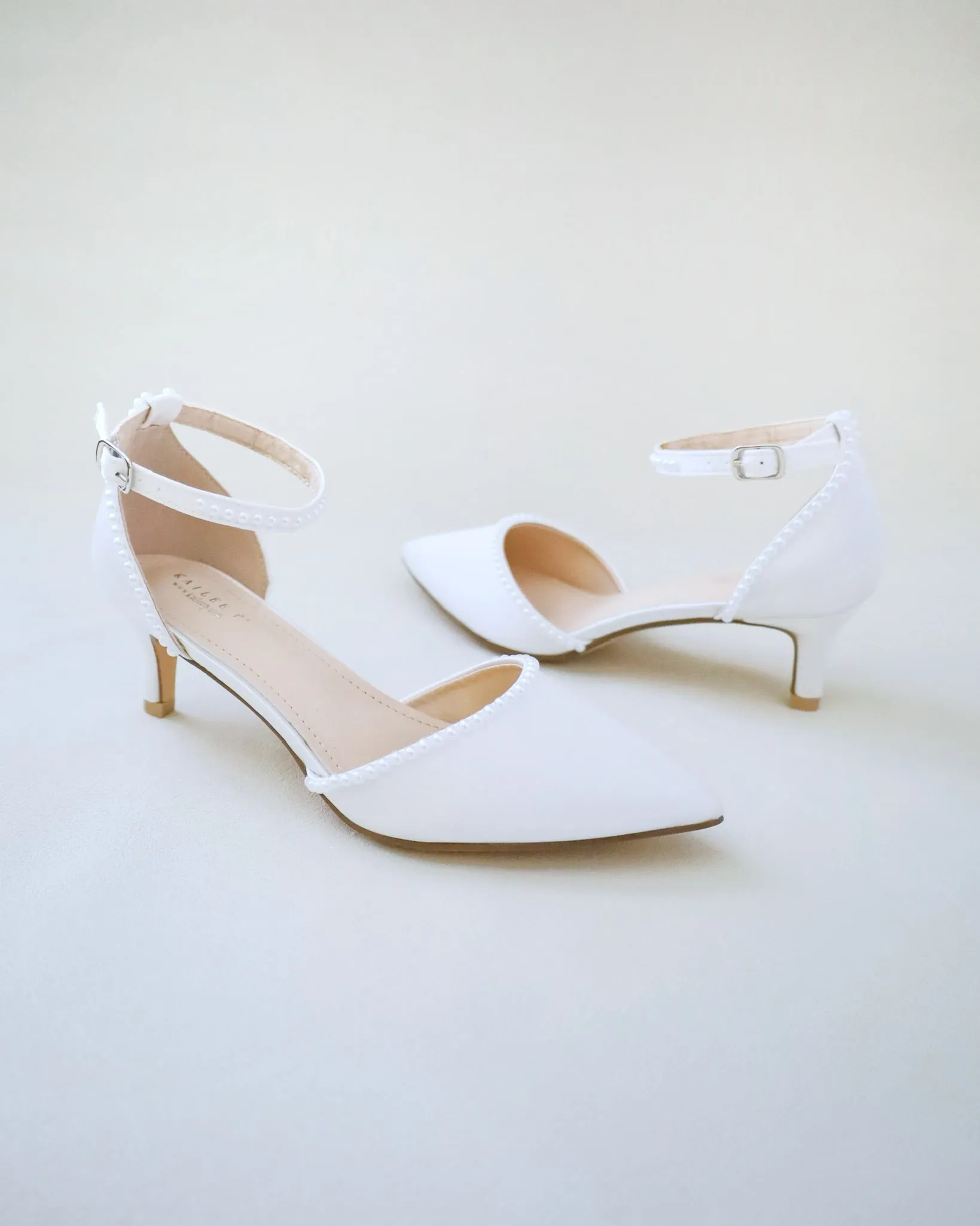 Satin Pointy Toe Low Heels with Mini Pearls
