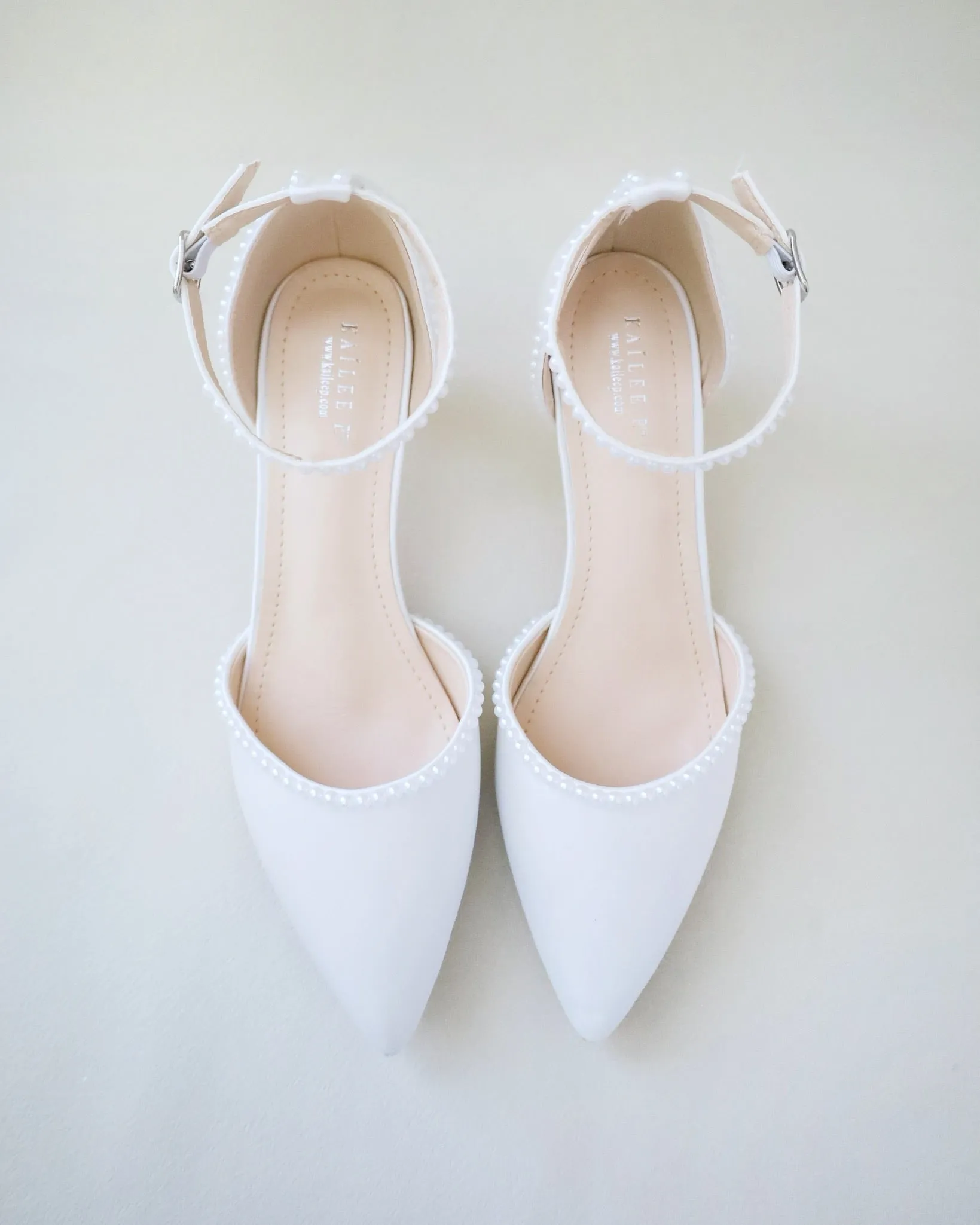 Satin Pointy Toe Low Heels with Mini Pearls