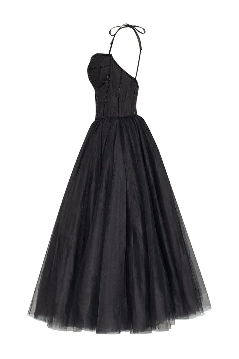 Sidney Tie-Strap Graceful Tulle Midi Dress
