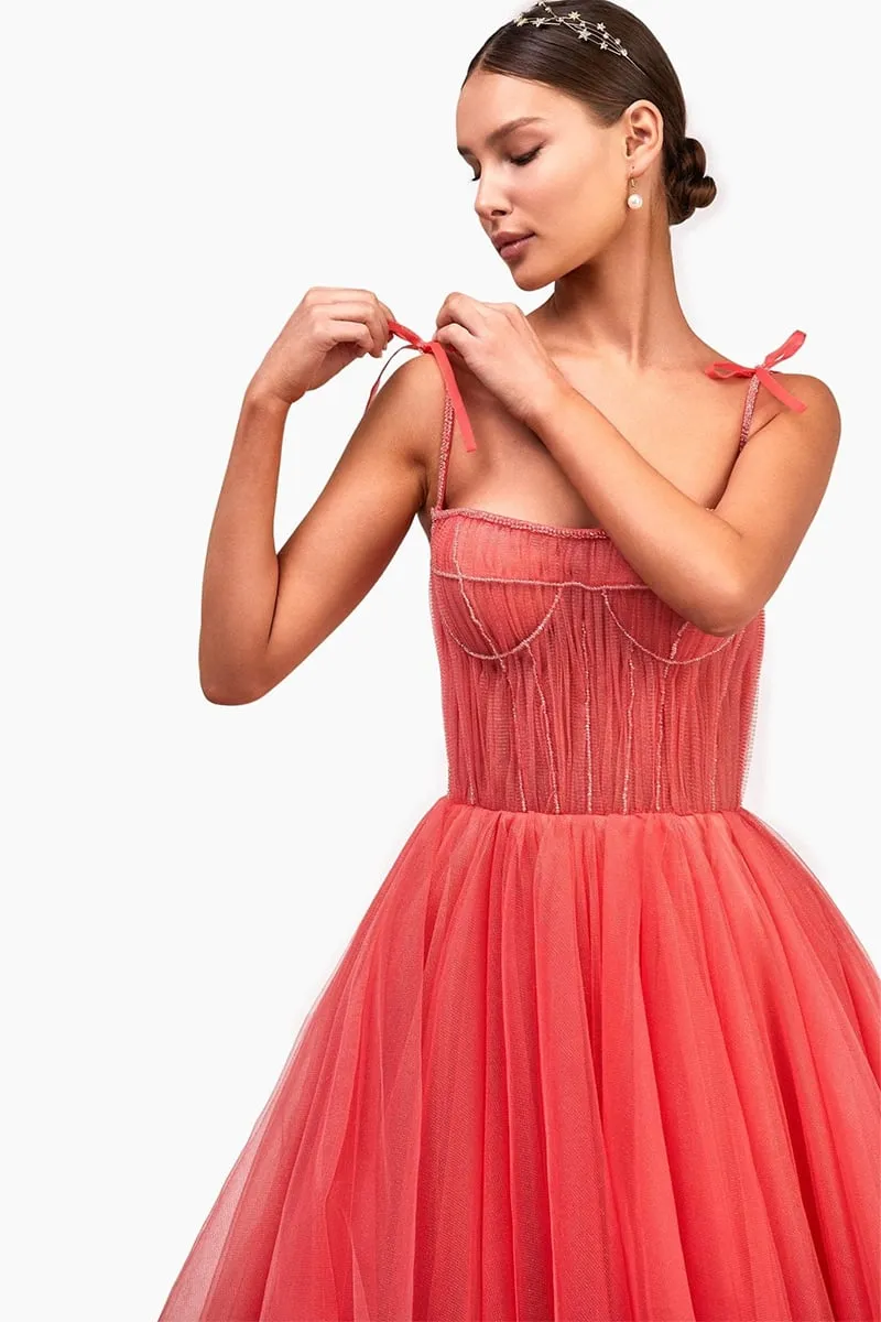Sidney Tie-Strap Graceful Tulle Midi Dress