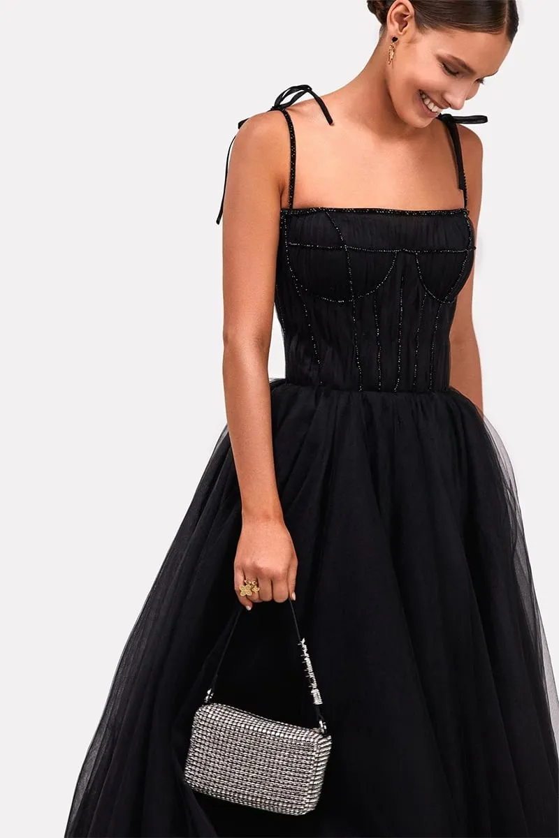 Sidney Tie-Strap Graceful Tulle Midi Dress