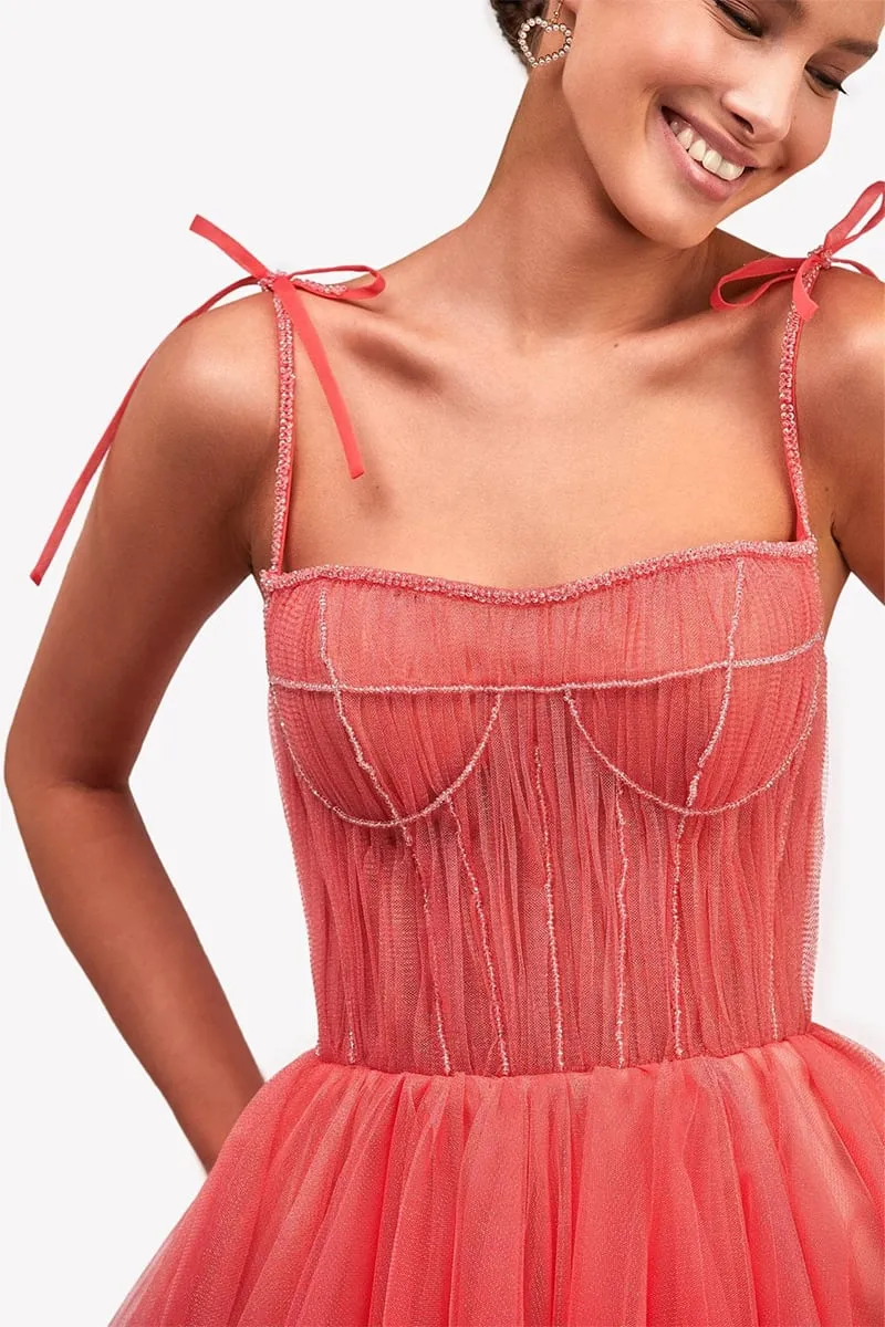 Sidney Tie-Strap Graceful Tulle Midi Dress