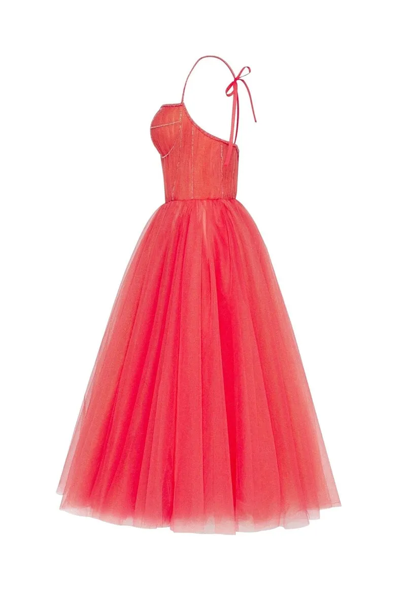 Sidney Tie-Strap Graceful Tulle Midi Dress