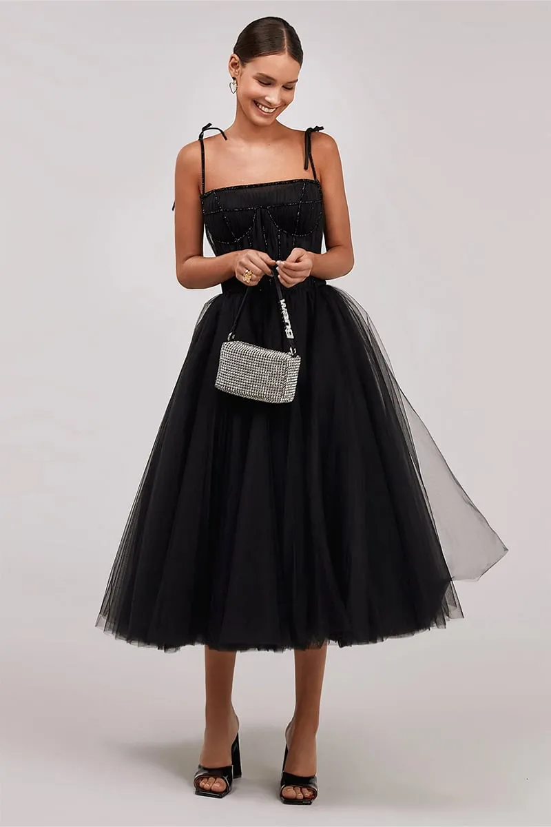 Sidney Tie-Strap Graceful Tulle Midi Dress