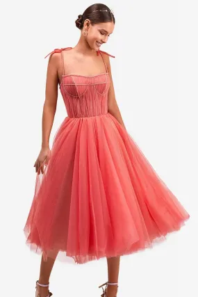 Sidney Tie-Strap Graceful Tulle Midi Dress