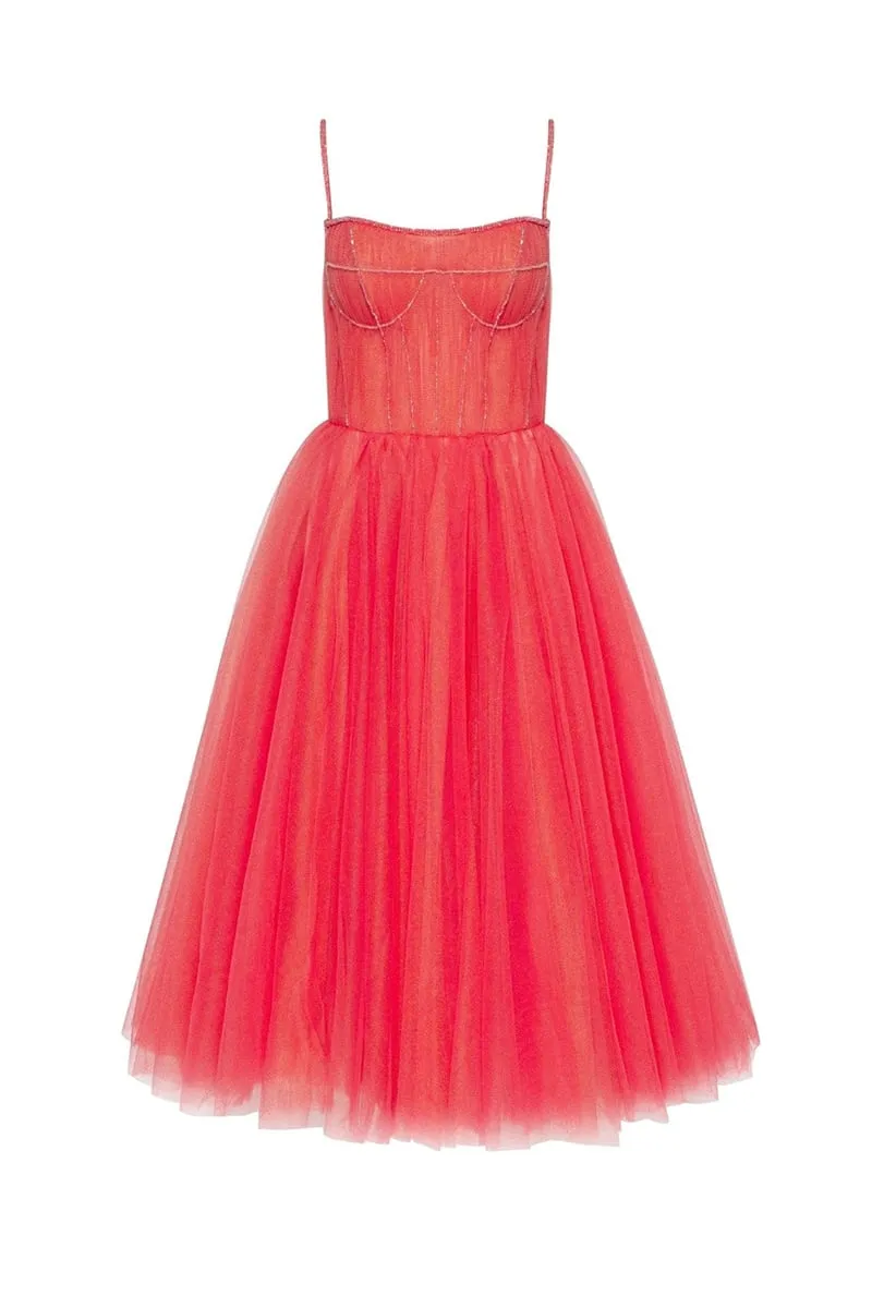 Sidney Tie-Strap Graceful Tulle Midi Dress