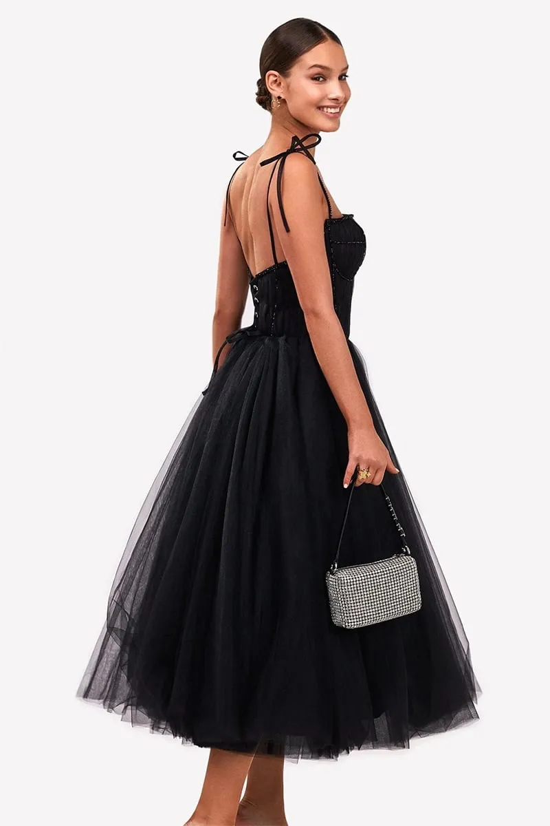 Sidney Tie-Strap Graceful Tulle Midi Dress