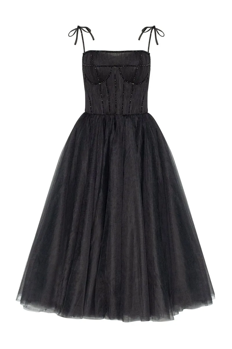 Sidney Tie-Strap Graceful Tulle Midi Dress
