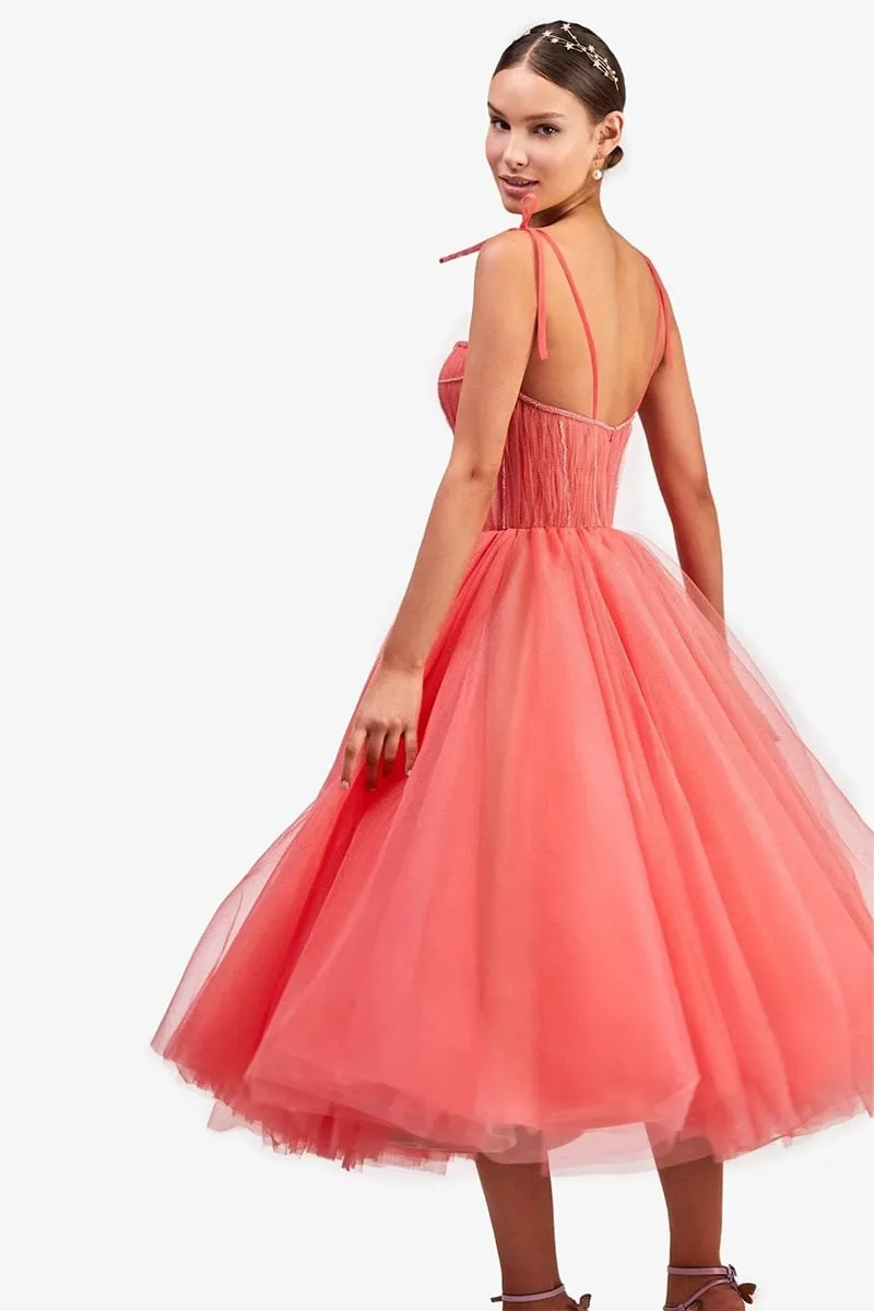 Sidney Tie-Strap Graceful Tulle Midi Dress