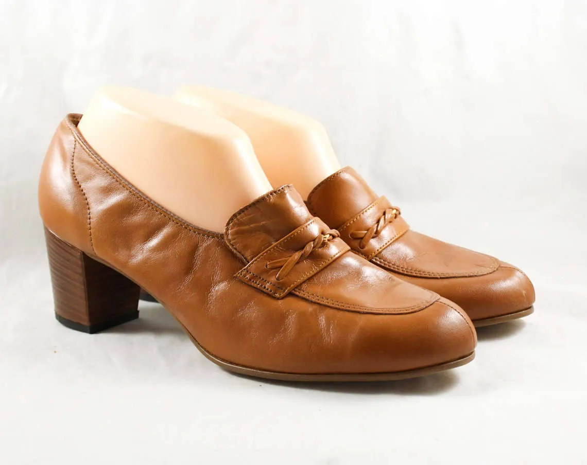Size 10 1960s Shoes - Caramel Leather Loafers - 60s Brown Shoes - Nice Quality Hipster Chic - Unworn 60's Deadstock - 10 AA Narrow - 47862-2