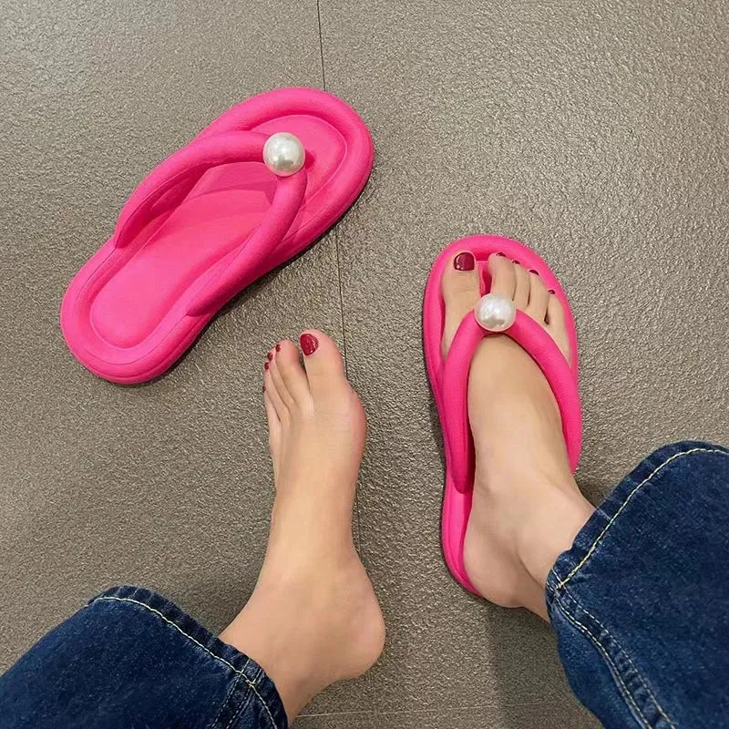 Sohiwoo Summer Luxury Women Flip Flops Clip Toe Pearl Eva Soft Home Slippers Woman Candy Color Non-Slip Beach Shoes Sandals