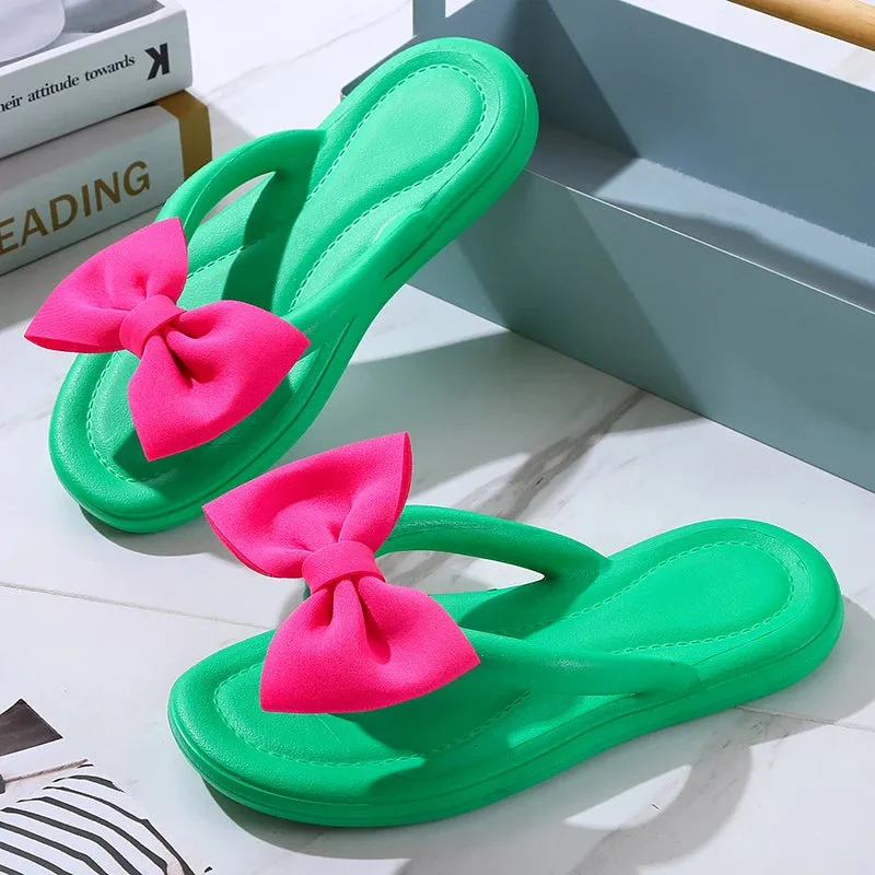 Sohiwoo Sweet Lovely Bowtie Flip Flops Women Summer Candy Color Soft Bottom Slippers Woman Clip Toe Non-Slip Beach Shoes Slides