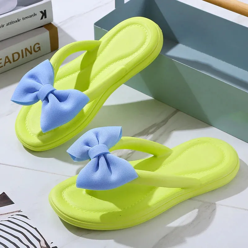 Sohiwoo Sweet Lovely Bowtie Flip Flops Women Summer Candy Color Soft Bottom Slippers Woman Clip Toe Non-Slip Beach Shoes Slides