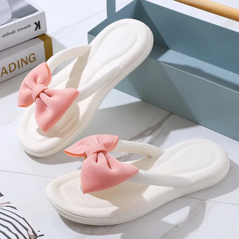Sohiwoo Sweet Lovely Bowtie Flip Flops Women Summer Candy Color Soft Bottom Slippers Woman Clip Toe Non-Slip Beach Shoes Slides