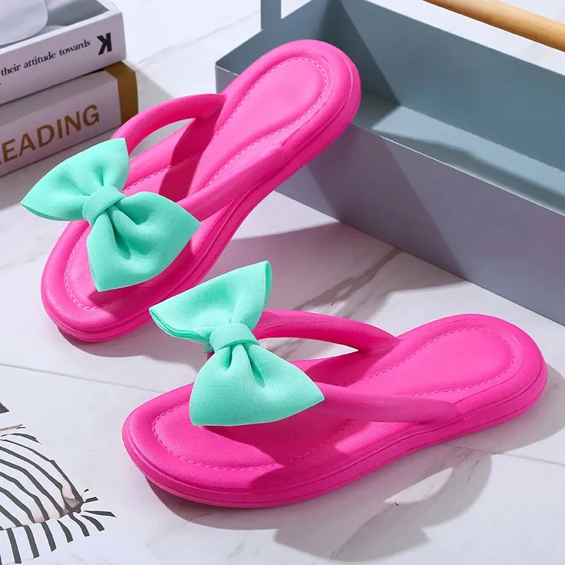 Sohiwoo Sweet Lovely Bowtie Flip Flops Women Summer Candy Color Soft Bottom Slippers Woman Clip Toe Non-Slip Beach Shoes Slides