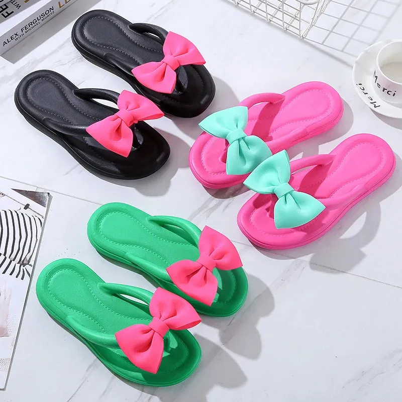 Sohiwoo Sweet Lovely Bowtie Flip Flops Women Summer Candy Color Soft Bottom Slippers Woman Clip Toe Non-Slip Beach Shoes Slides