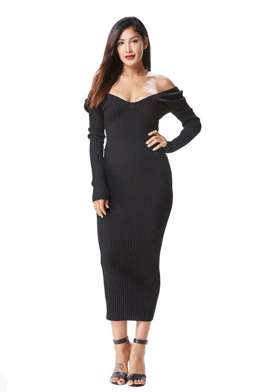 THE MYSTYLEMODE BLACK KNIT RIBBED OFF THE SHOULDER MIDI DRESS