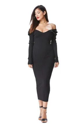 THE MYSTYLEMODE BLACK KNIT RIBBED OFF THE SHOULDER MIDI DRESS