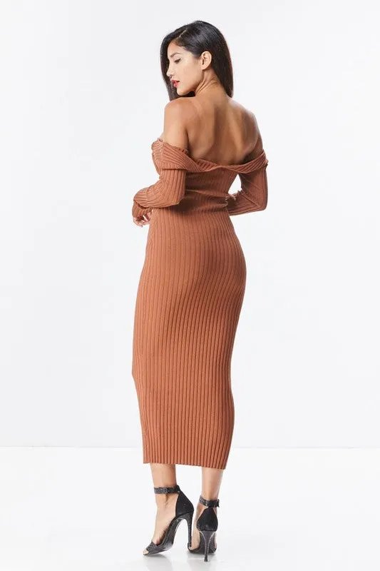 THE MYSTYLEMODE RUST KNIT RIBBED OFF THE SHOULDER MIDI DRESS