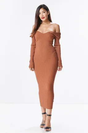 THE MYSTYLEMODE RUST KNIT RIBBED OFF THE SHOULDER MIDI DRESS