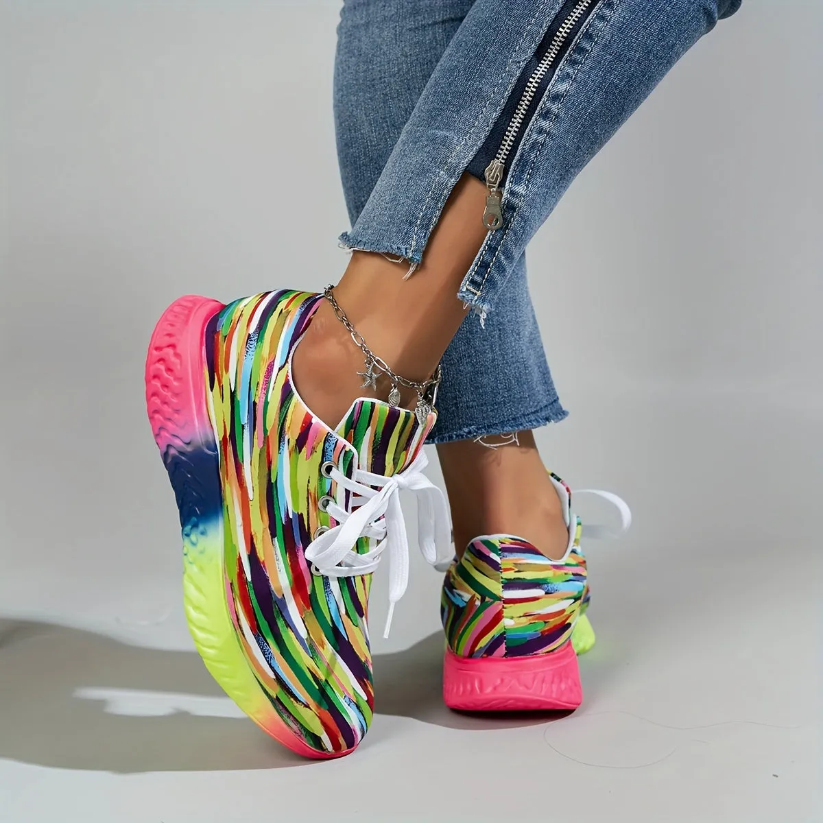 Women's Casual Striped Sneakers, Lightweight Fabric Upper with Faux Sole