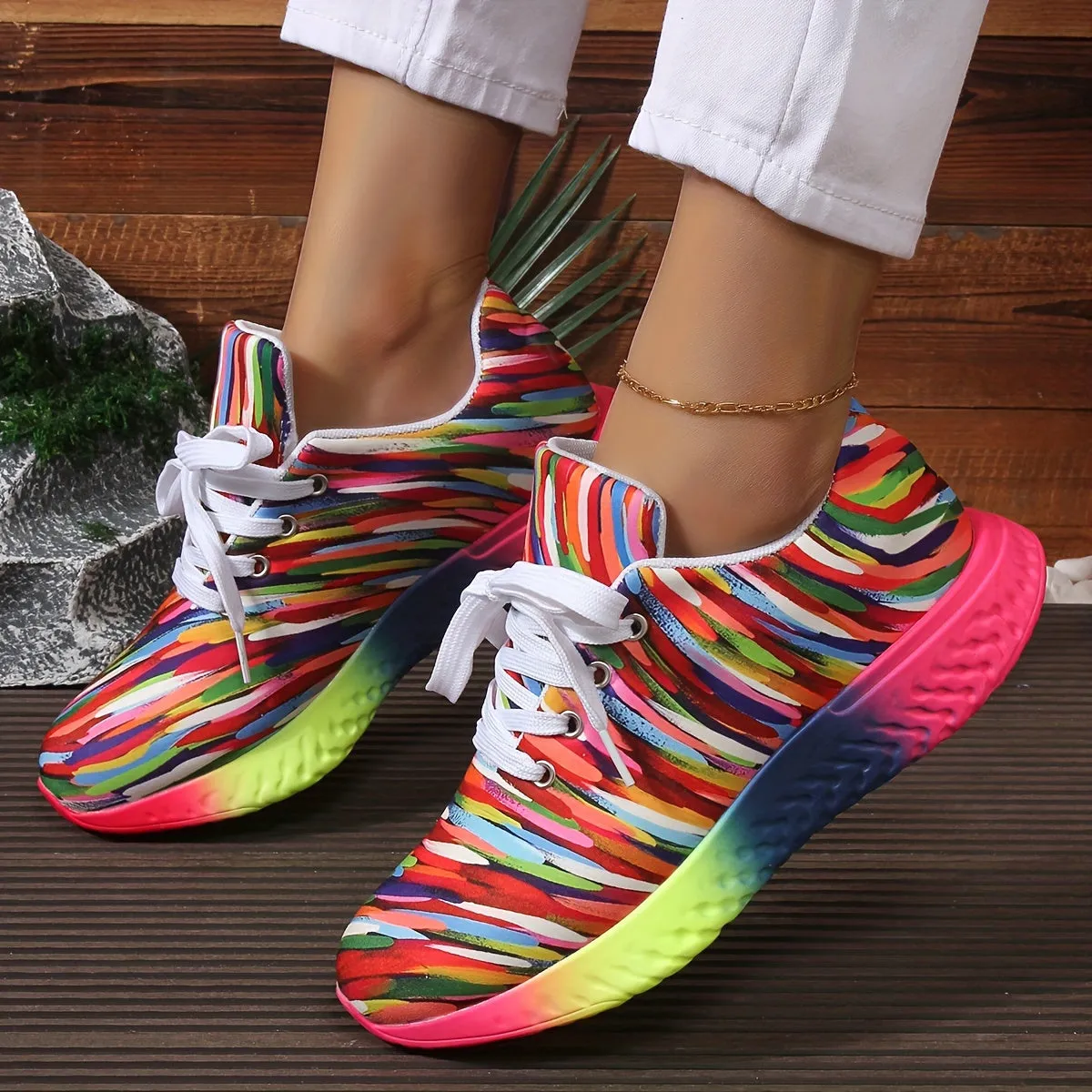Women's Casual Striped Sneakers, Lightweight Fabric Upper with Faux Sole