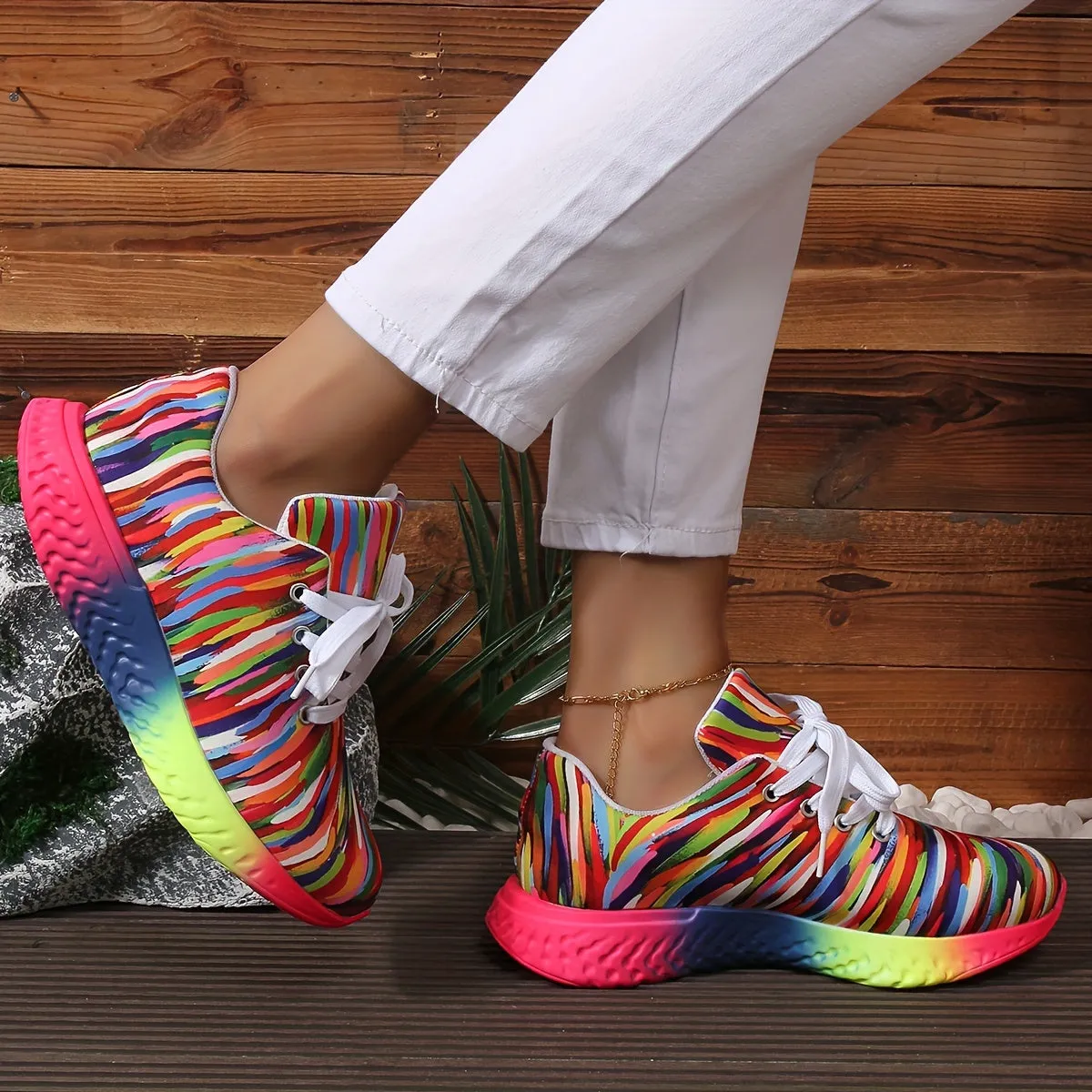 Women's Casual Striped Sneakers, Lightweight Fabric Upper with Faux Sole