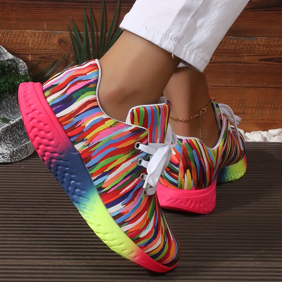Women's Casual Striped Sneakers, Lightweight Fabric Upper with Faux Sole