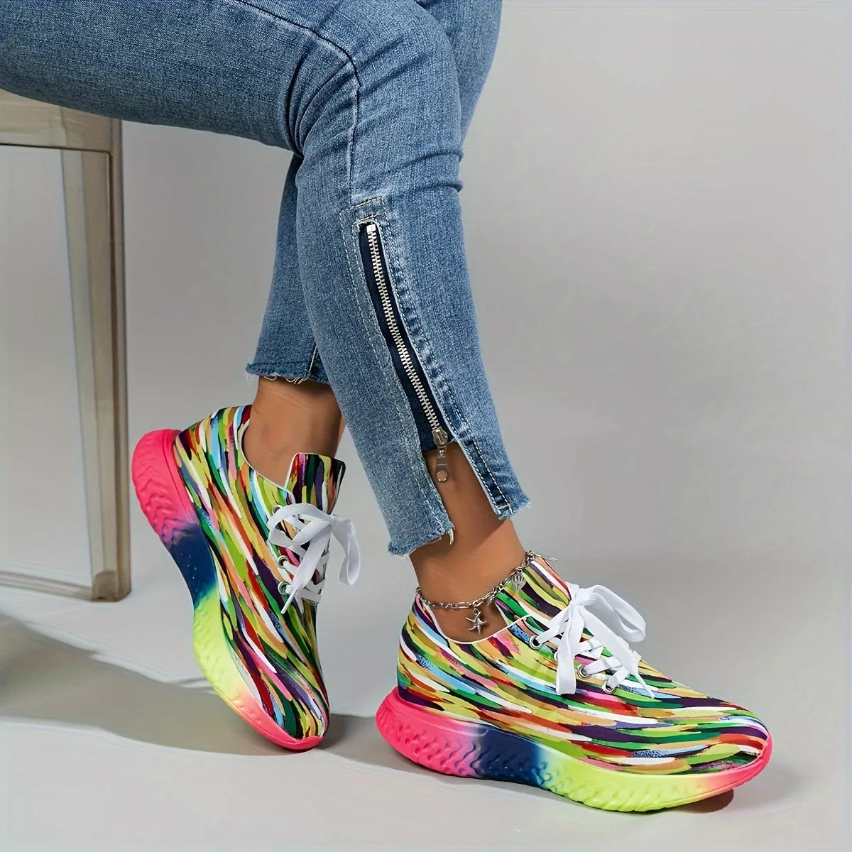 Women's Casual Striped Sneakers, Lightweight Fabric Upper with Faux Sole