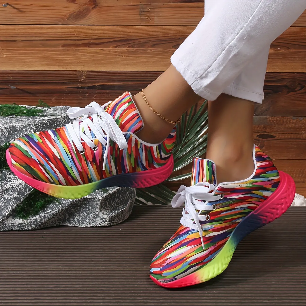 Women's Casual Striped Sneakers, Lightweight Fabric Upper with Faux Sole
