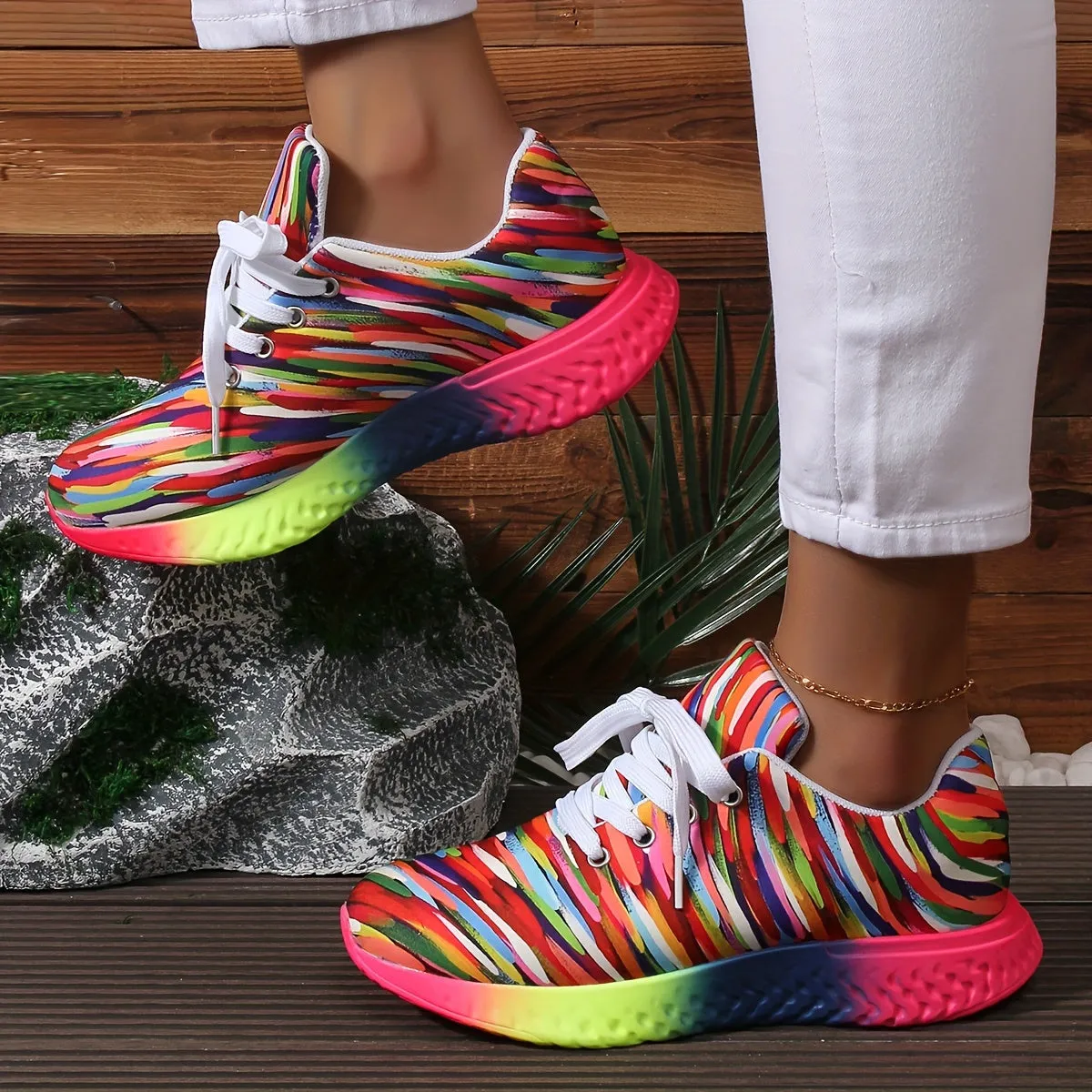 Women's Casual Striped Sneakers, Lightweight Fabric Upper with Faux Sole