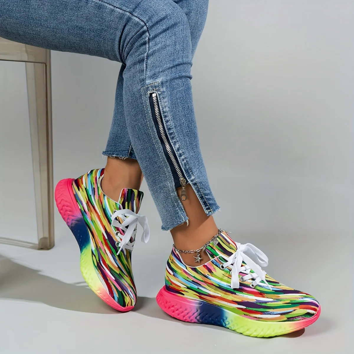 Women's Casual Striped Sneakers, Lightweight Fabric Upper with Faux Sole