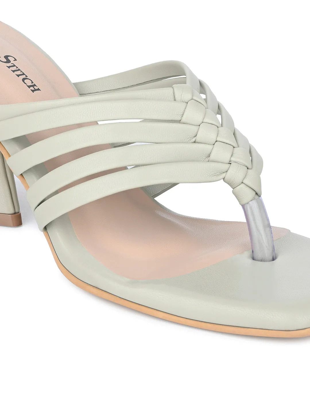 Women's Green Weaved T-Strap Block Heel Lightweight Sandals