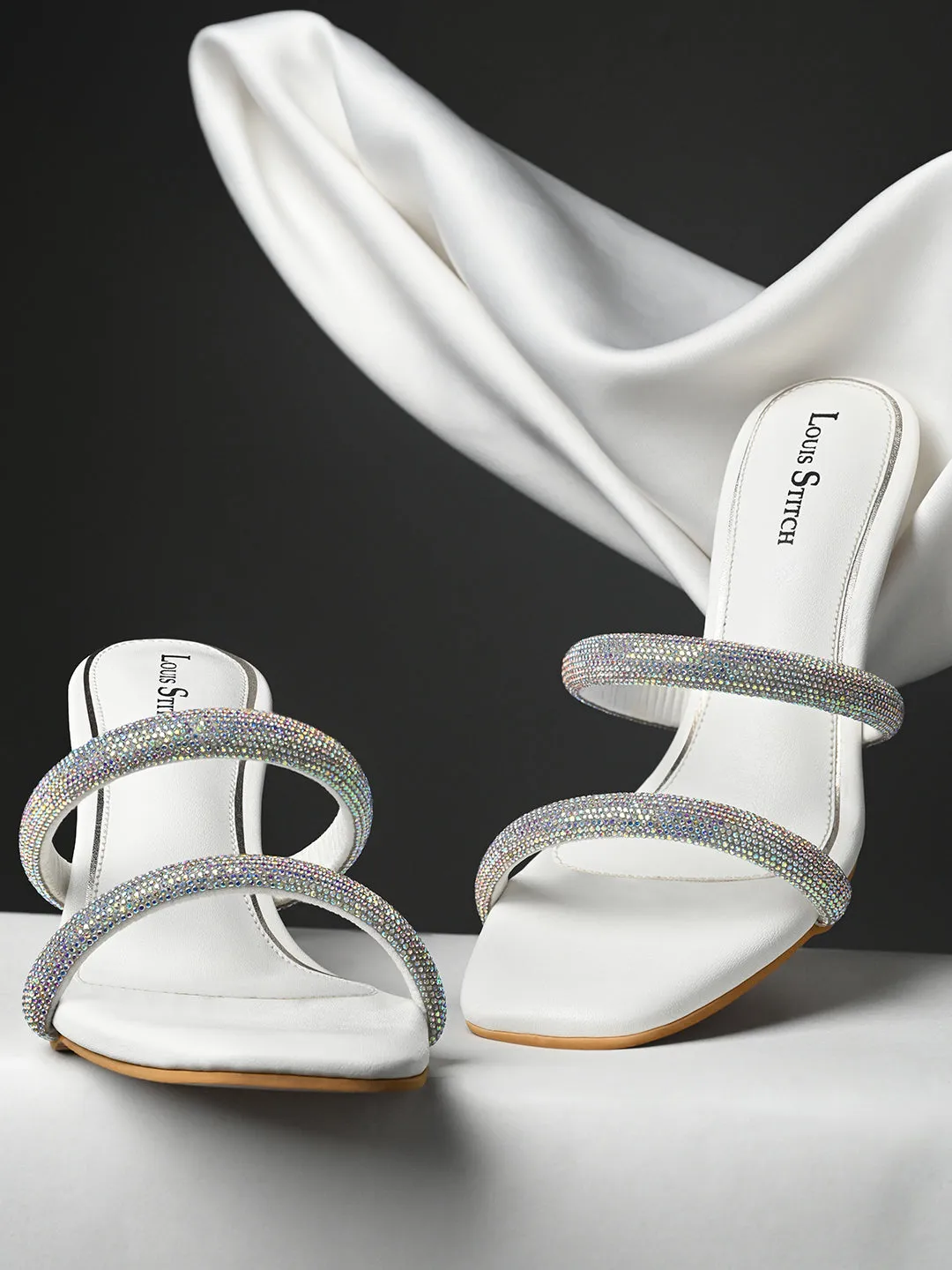 Women's White Open Toe Glitter Double Strap Lightweight Sandals